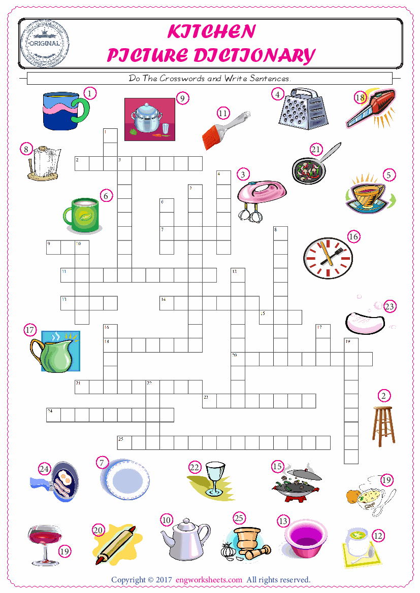  ESL printable worksheet for kids, supply the missing words of the crossword by using the Kitchen picture. 